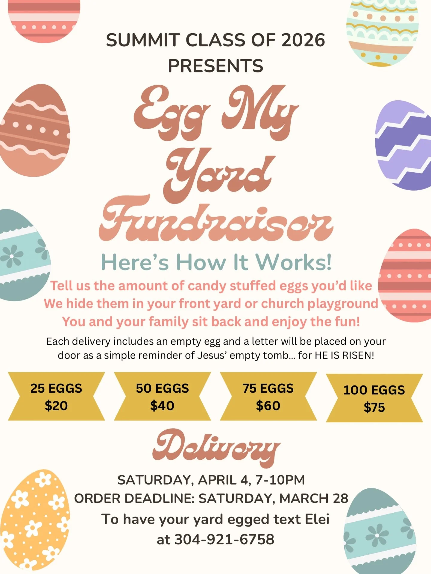 🐣🌷 SUMMIT CLASS OF 2026 PRESENTS: Egg My Yard Fundraiser! 🌷🐣
Looking for a fun and meaningful way to celebrate Easter? Let us do the work for you!

Here&rsquo;s How It Works: 🥚 Choose how many candy-filled eggs you&rsquo;d like 🏡 We&rsquo;ll hi