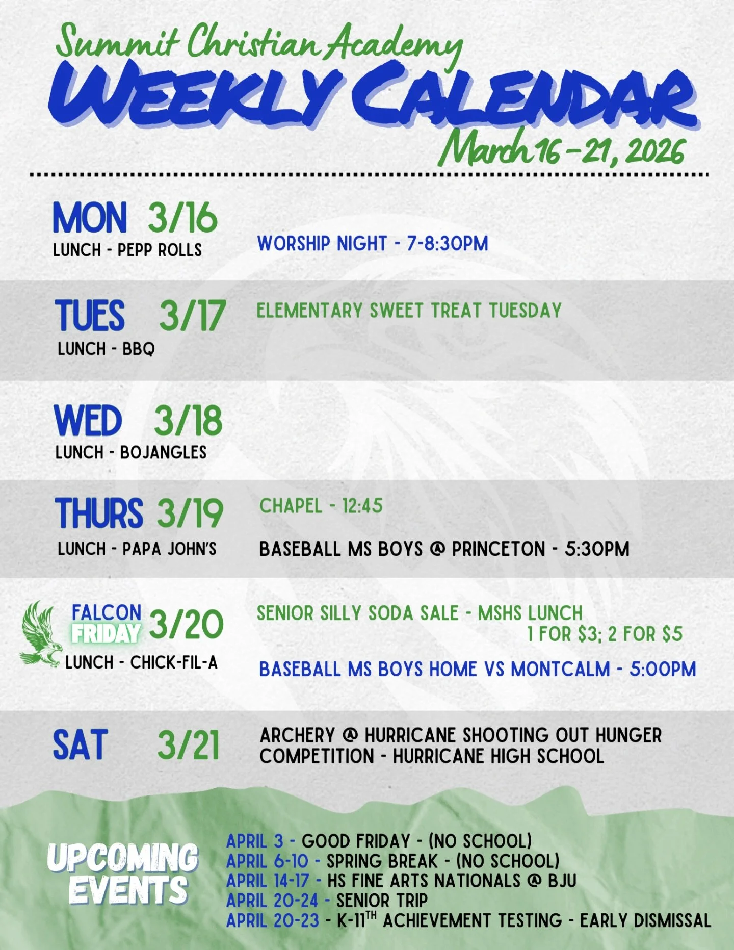 Weekly calendar of events for March 16th-21st, 2026. 🗓️