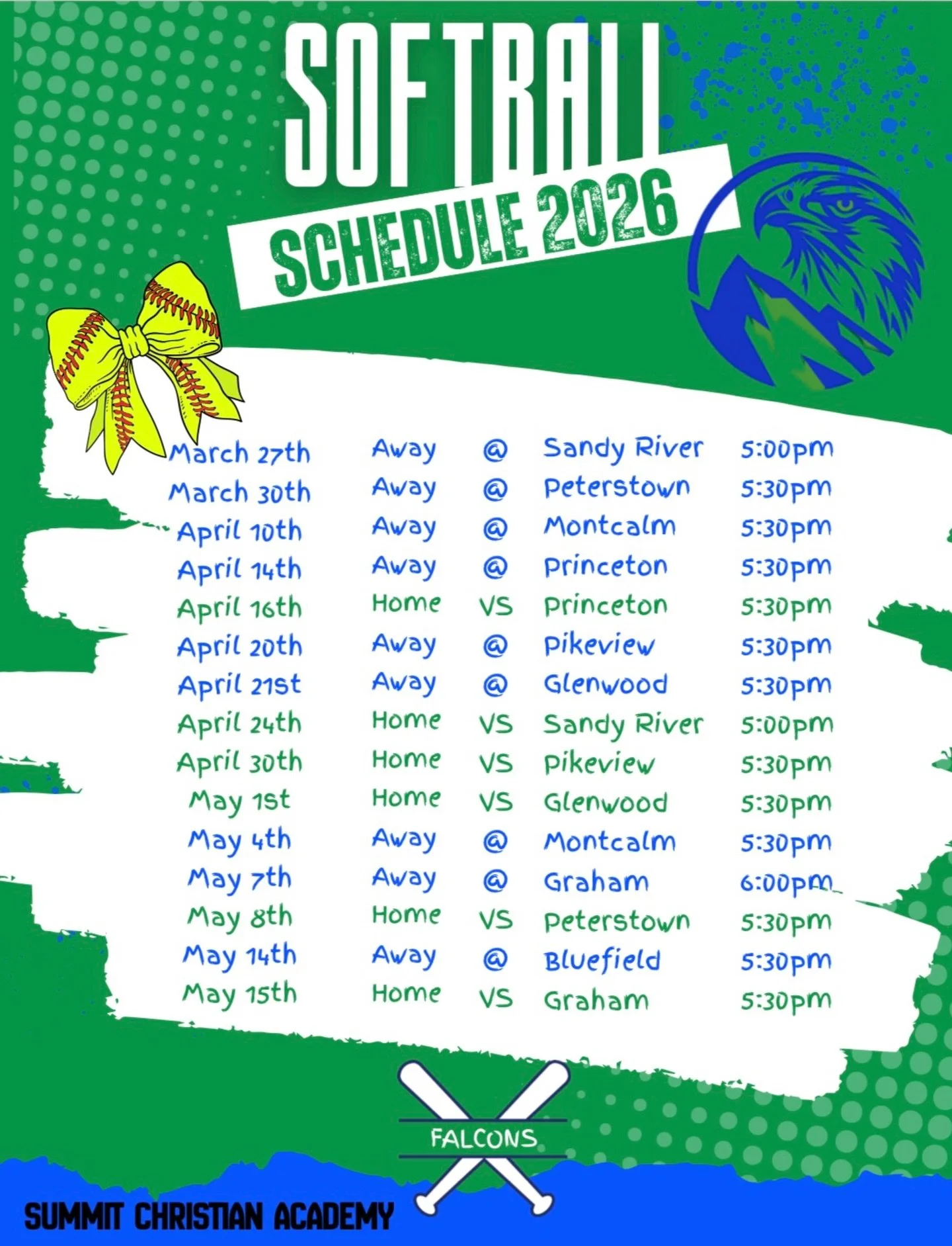 Our inaugural softball season begins tonight!!! 

Good luck to our middle school softball girls as they travel to Sandy River. Let&rsquo;s go Falcons! 💚🥎💙