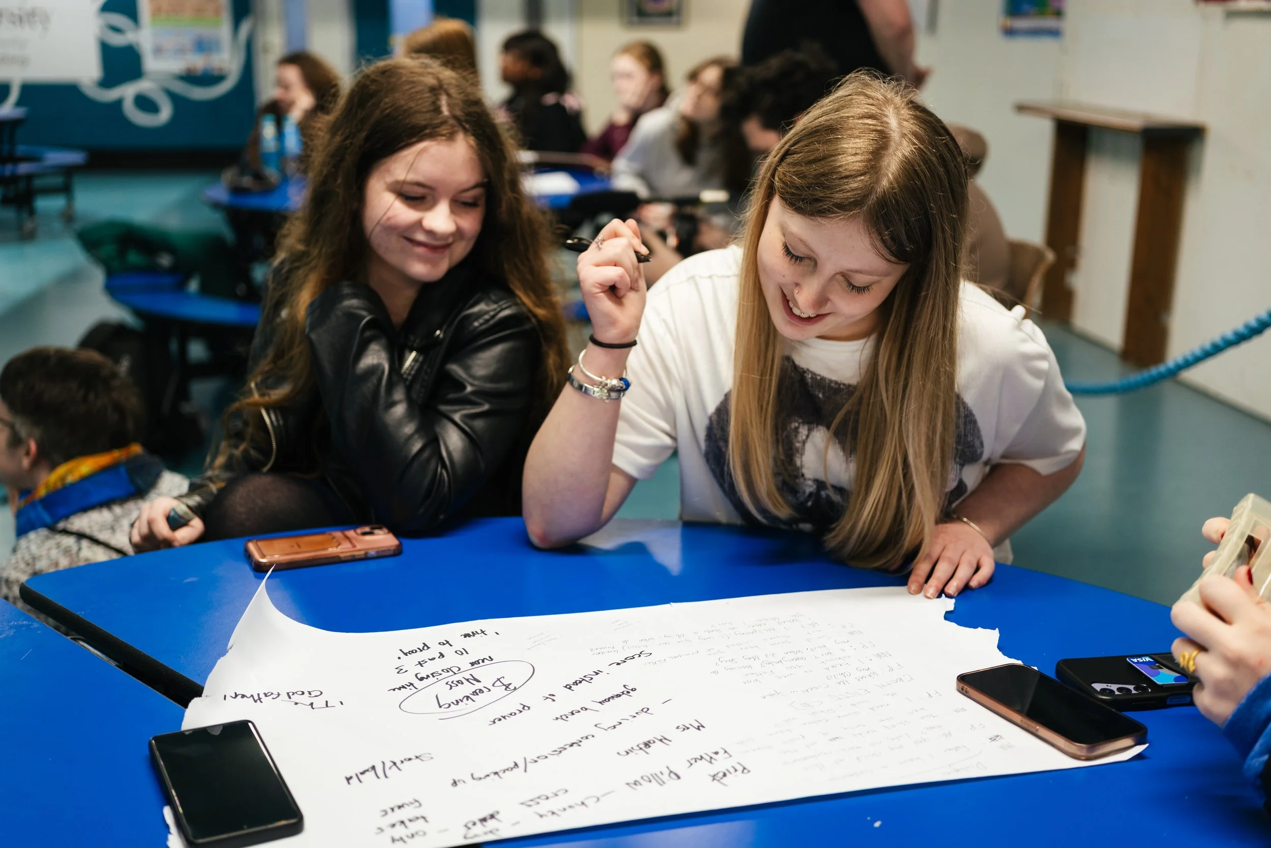 Two young women sitting at a blue table, smiling and looking at handwritten notes, surrounded by other people in a classroom or workshop setting.
