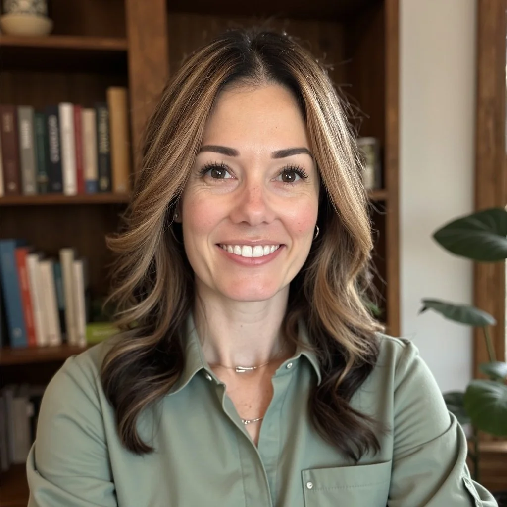 Woman wearing glasses and a blue blouse with lace detail, smiling against a light blue background.