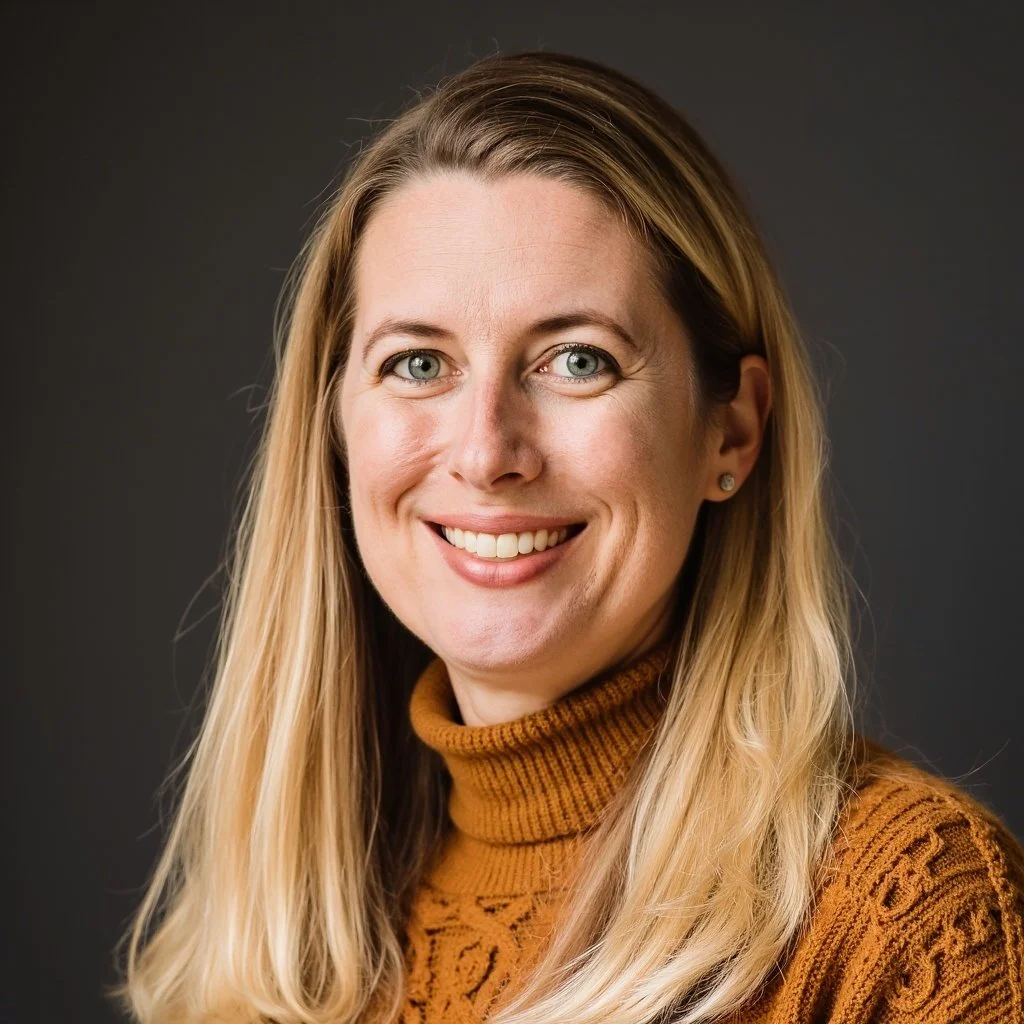 Smiling woman with long blonde hair against a blue-gray background.