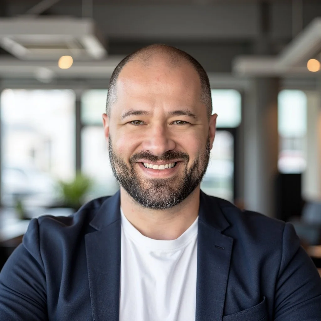 Smiling man with a beard and a shaved head, wearing a dark blazer and white t-shirt, sitting in a bright, modern office with large windows.