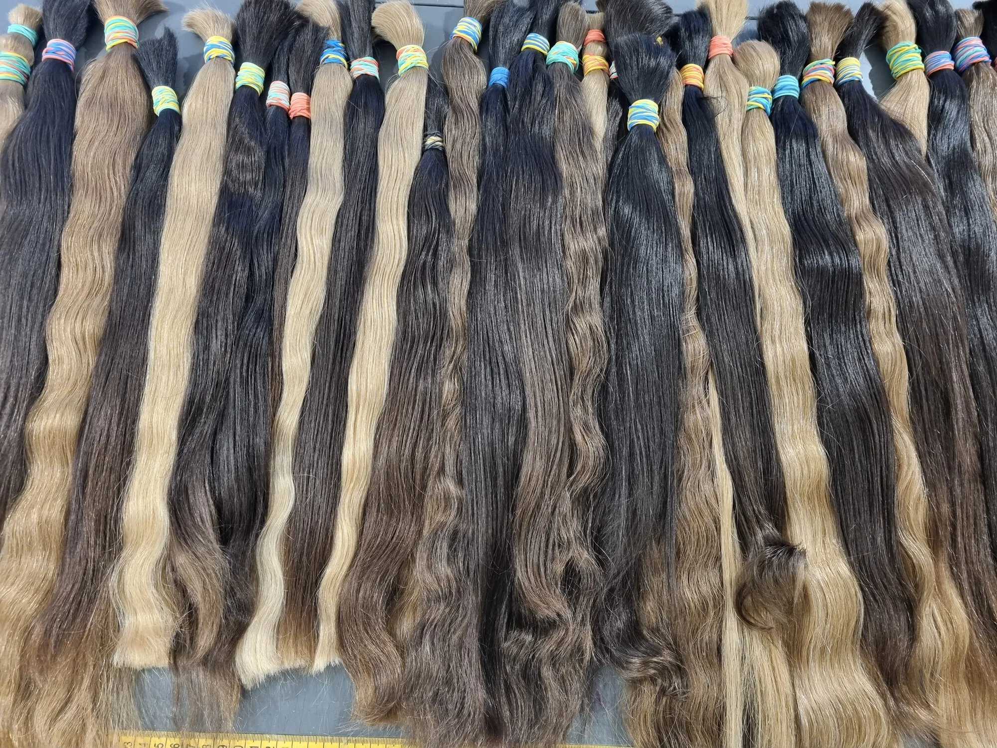 Different lengths and colours of natural hair extensions