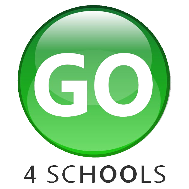 Green circular button with the word 'GO' in white letters, and the text '4 SCHOOLS' below it.