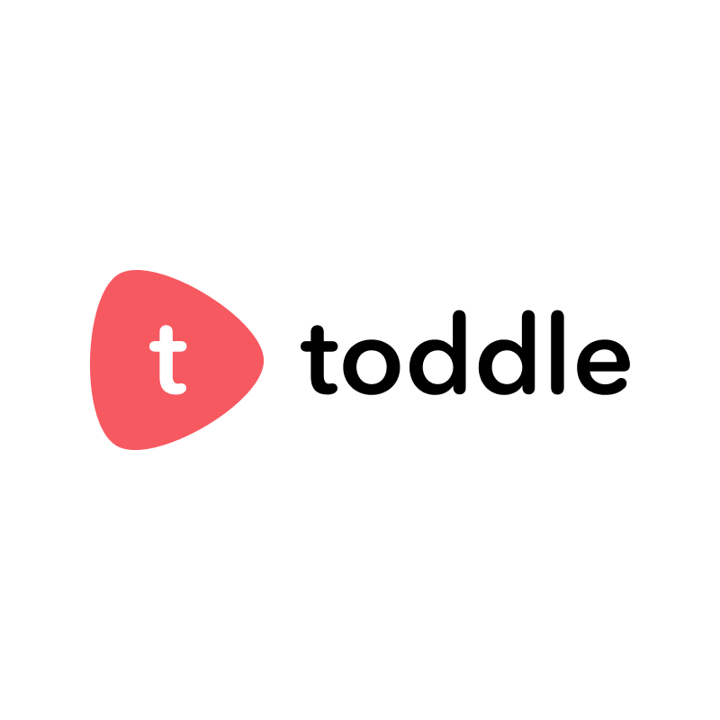 Logo with a red triangular shape containing a white lowercase 't' next to the word 'toddle' in black lowercase letters.