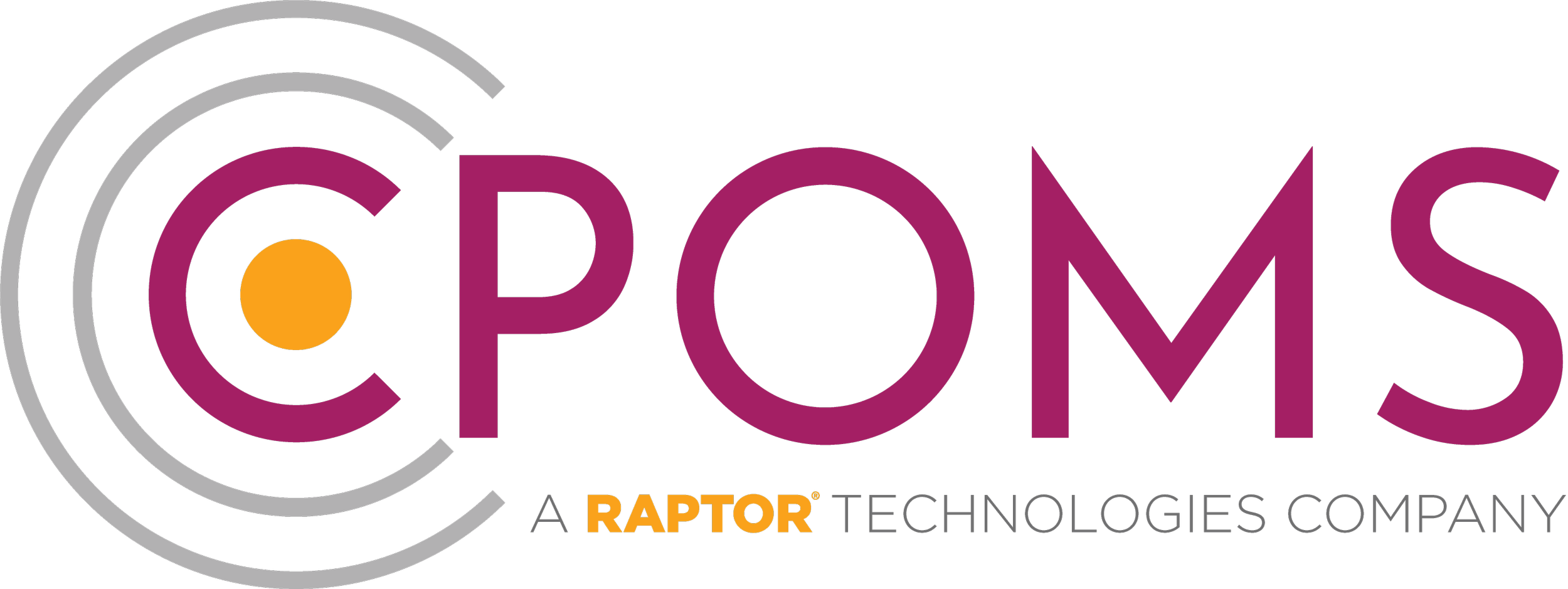 Logo for CPOMS, a Raptor Technologies company, featuring purple text 'CPOMS' with a yellow dot inside a stylized Wi-Fi signal icon, and the words 'A RAPTOR TECHNOLOGIES COMPANY' beneath.