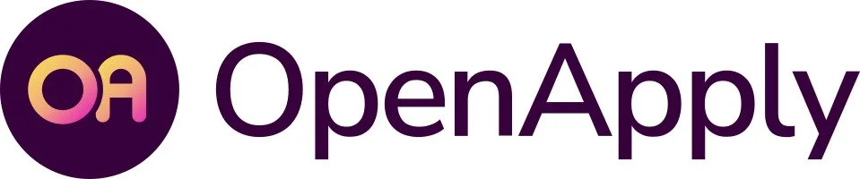 OpenApply logo with purple and pink gradient initials 'OA' inside a dark purple circle, next to the text 'OpenApply' in dark purple font.