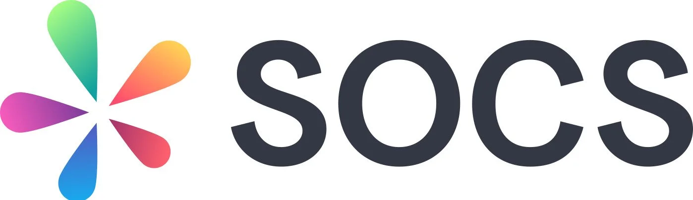 Colorful abstract flower logo with the word 'SOCS' in bold black letters.