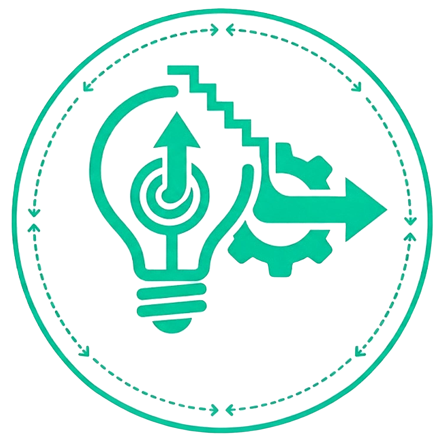 A circular icon with a light bulb, a gear, and a gear arrow inside, representing innovation and sustainable development.