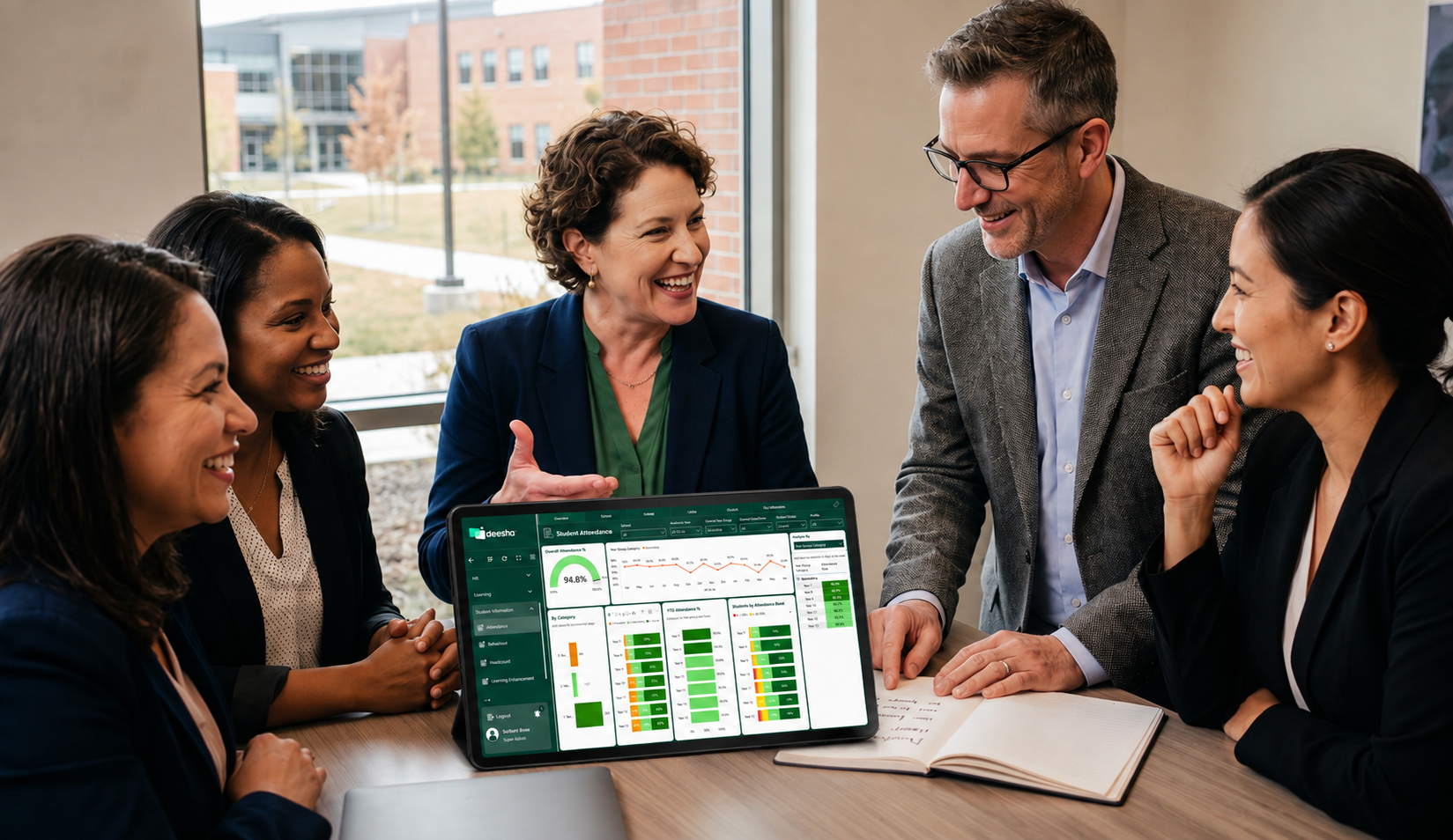 Group of five business professionals in a meeting room, smiling and engaging, with a tablet displaying analytics and a notebook on the table.