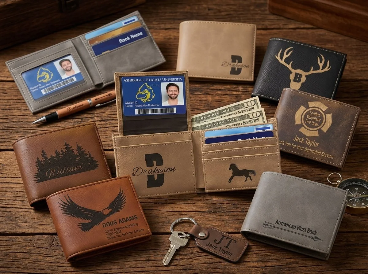 Laser Engraved Leatherette Bifold Wallet with Flip Up ID pocket
