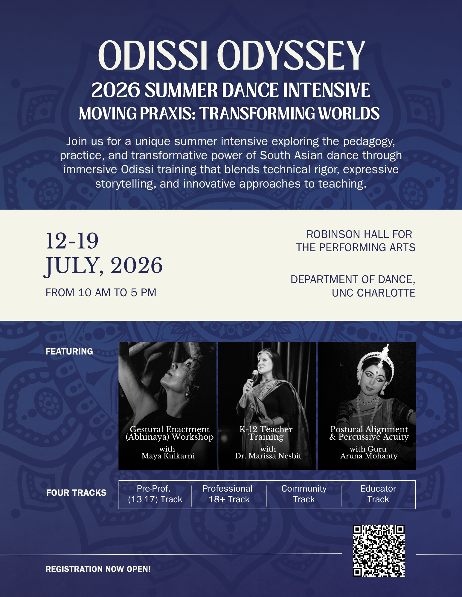 2026 Odissi Odyssey flyer with black and white teacher headshots