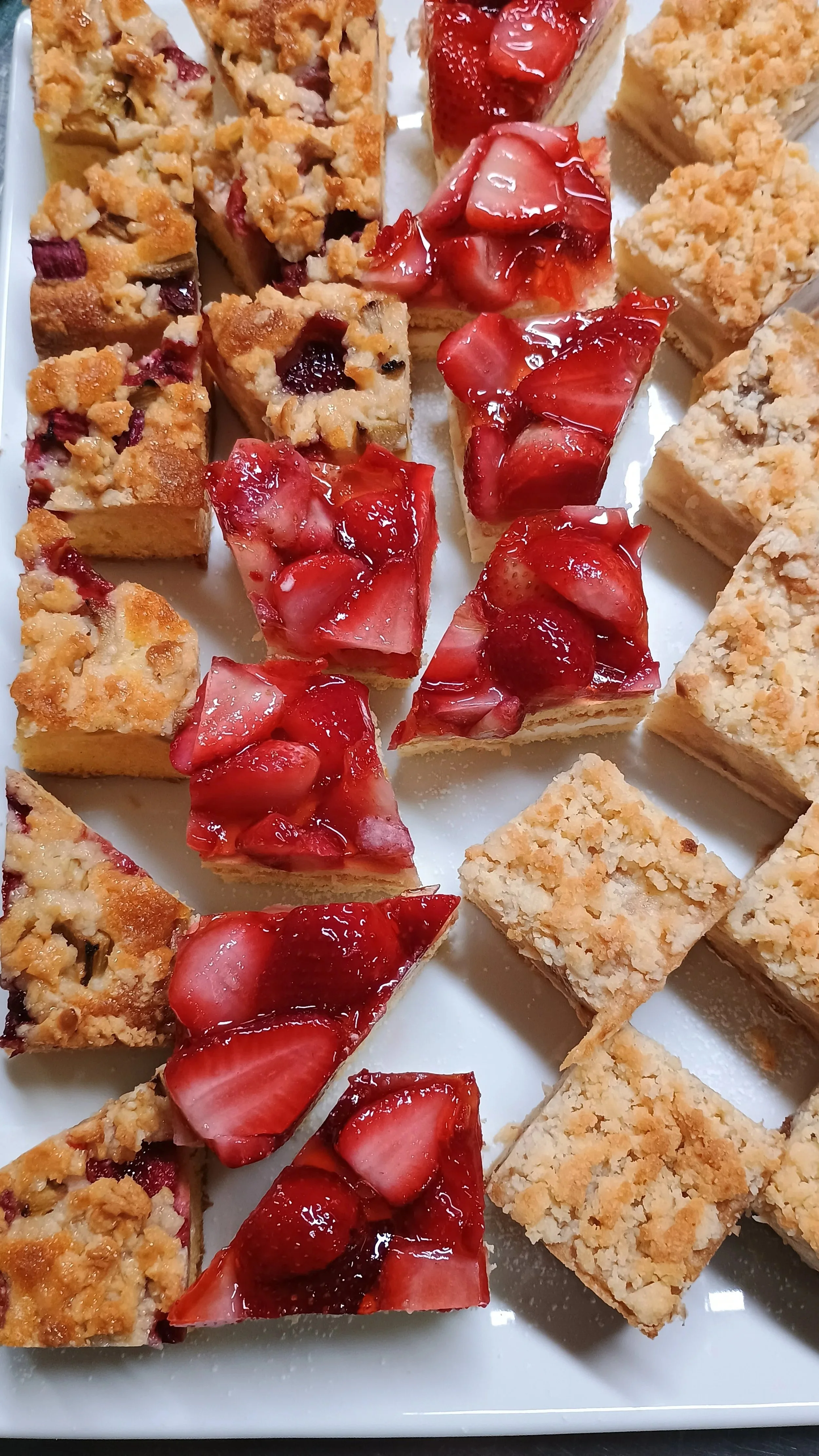 Strawberry , Apple crumble & Rhubarb slices.  tray bake selection