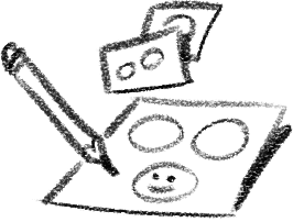 Drawing of a pig face on a piece of paper, with some other papers and a pen