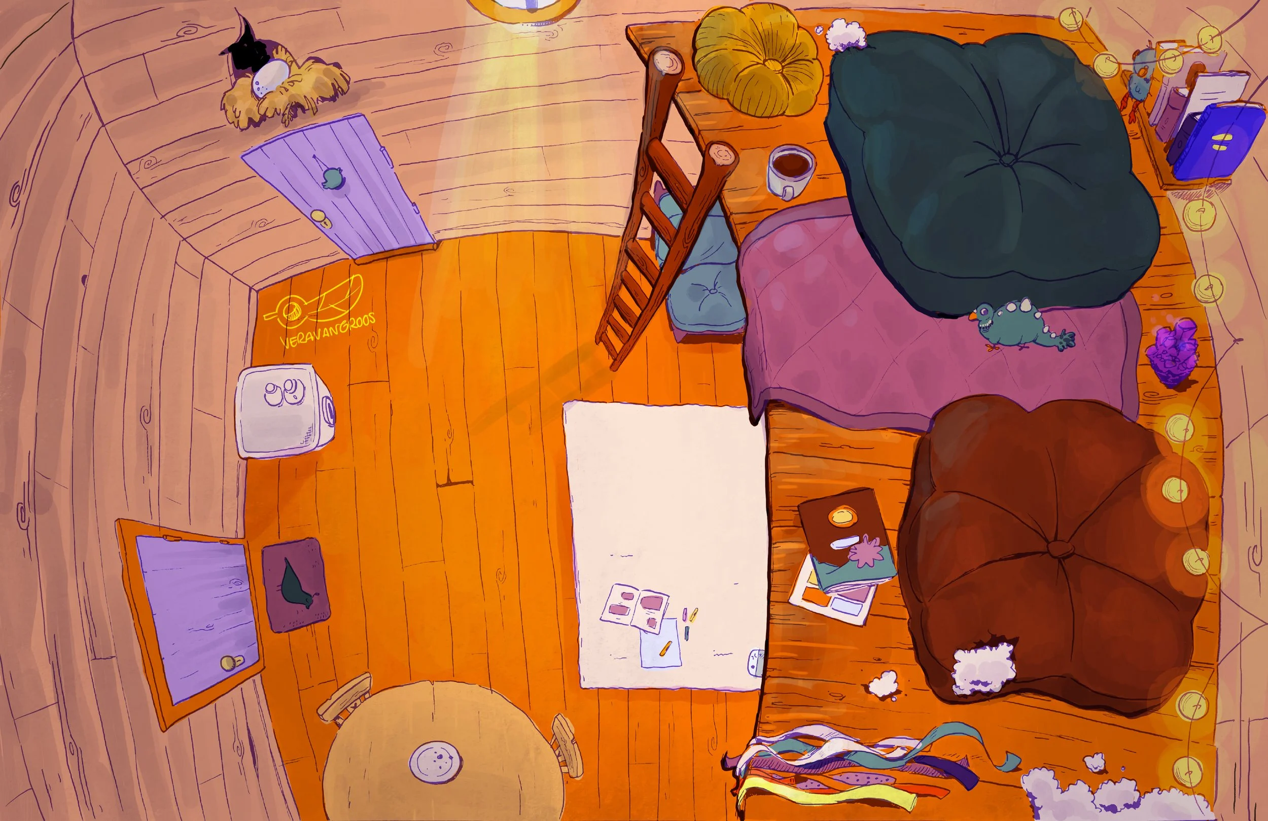 Top-down view of a cozy, cluttered attic room with wooden floors, a small round dining table, a white rug, and various furniture and objects. There are two beds with pillows, a ladder, a small plush toy, a cup of coffee, a book, and scattered papers.