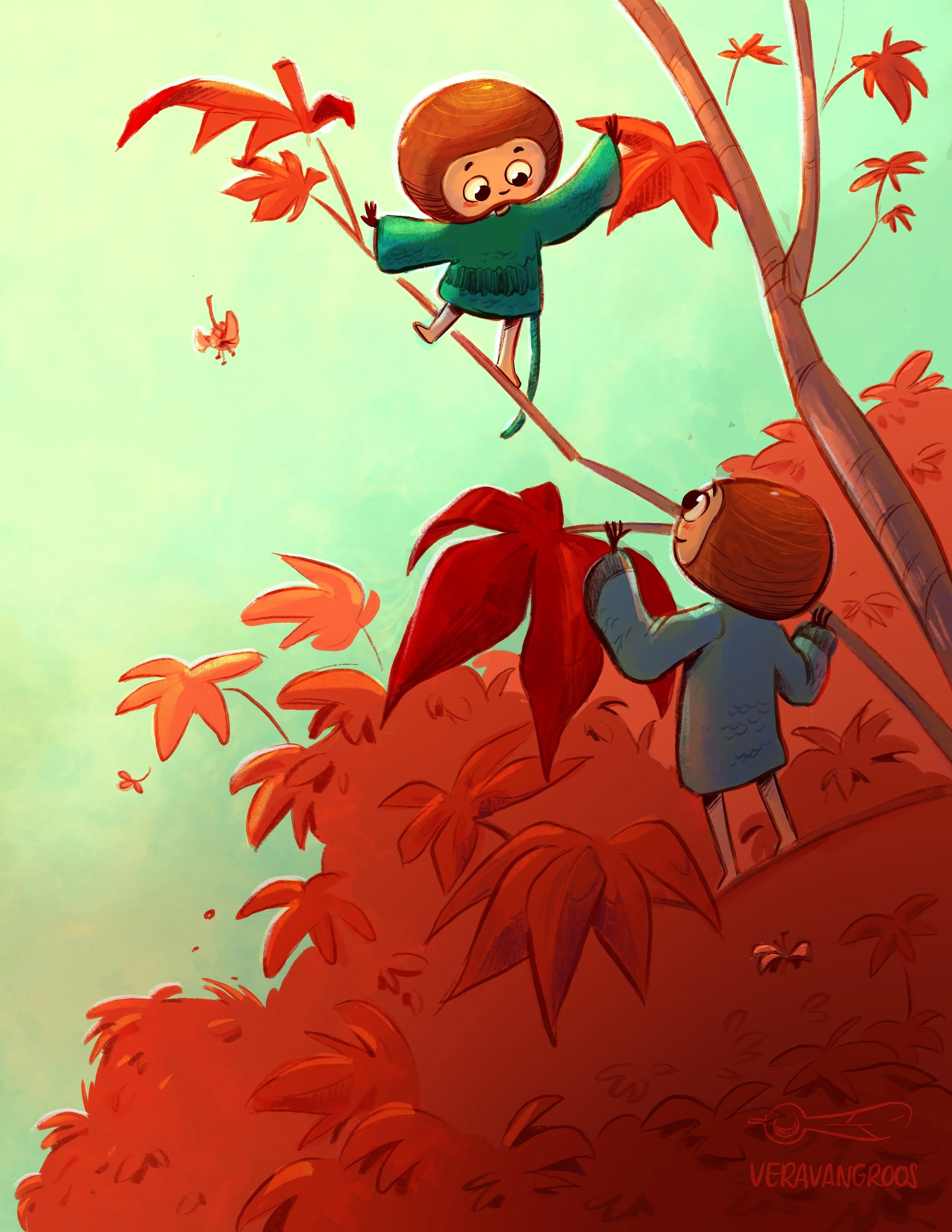 Two children with brown hair and green and blue coats are climbing a tree with orange fall leaves, one child is on a higher branch reaching for leaves while the other is climbing up from below.
