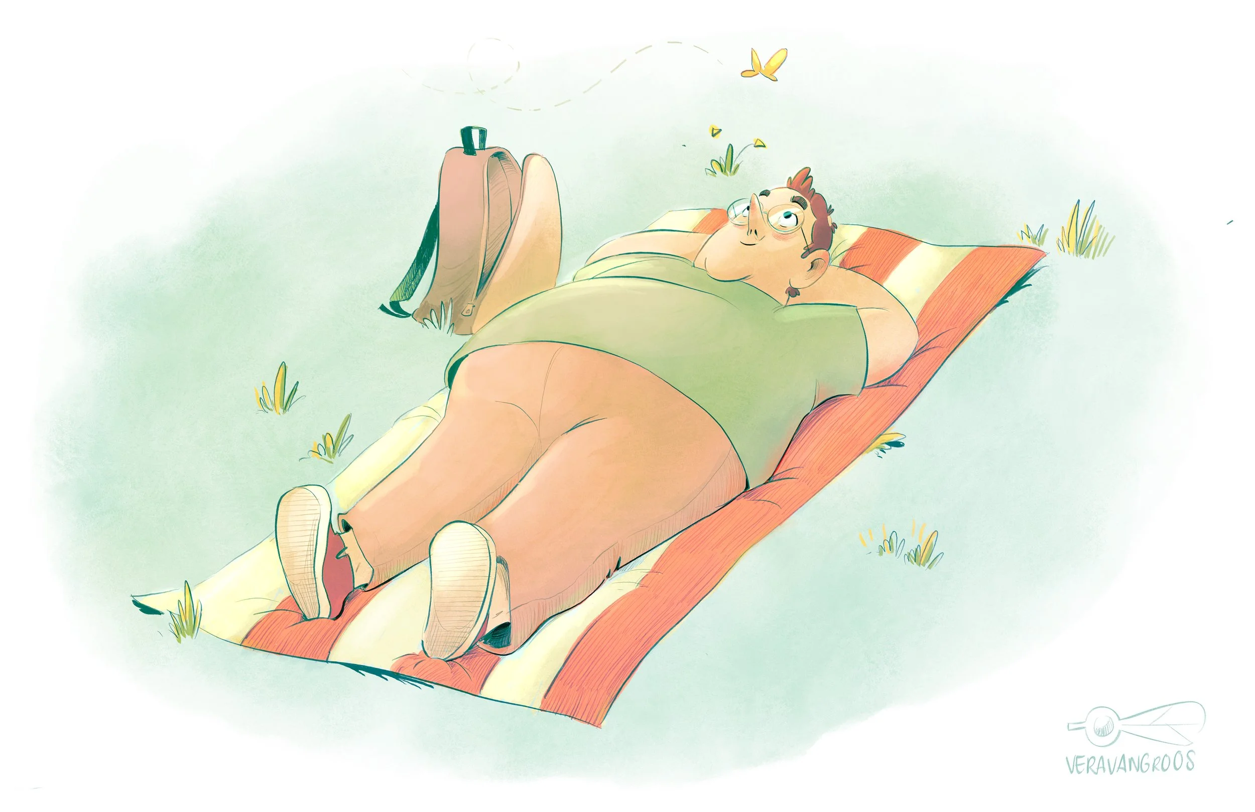 A person with glasses relaxing on a striped blanket outdoors, lying on their back with arms behind head, surrounded by grass and small flowers, with a backpack nearby and a butterfly flying above.