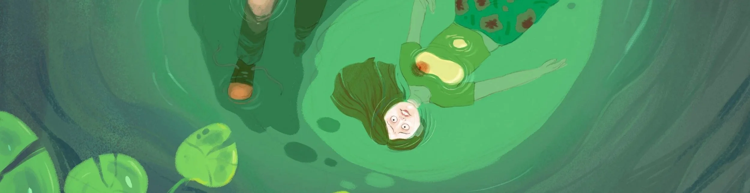 A girl lying on grass with a girl sitting with her legs outstretched next to her, both surrounded by greenery and lily pads.