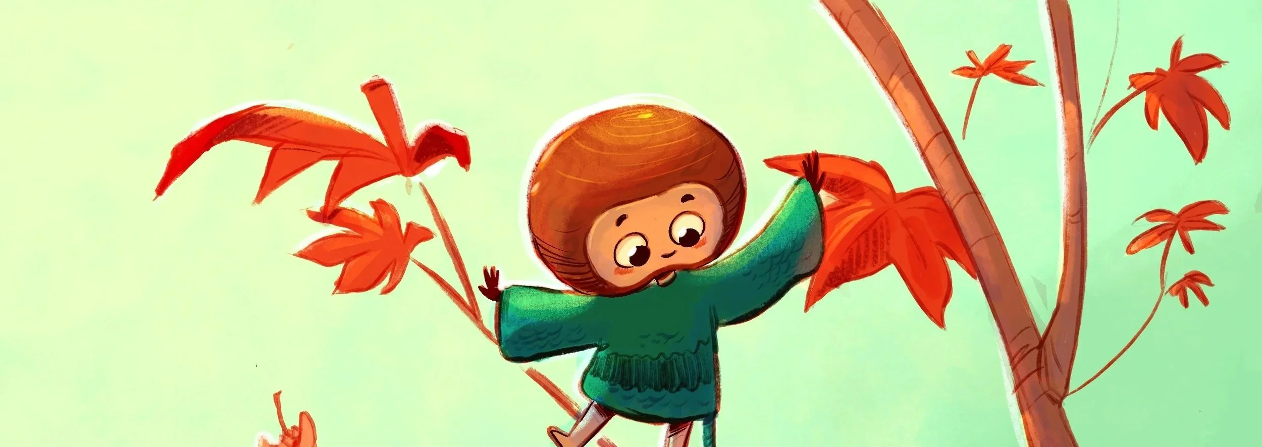 A young child with brown hair and a green sweater climbing a tree surrounded by orange and red autumn leaves.