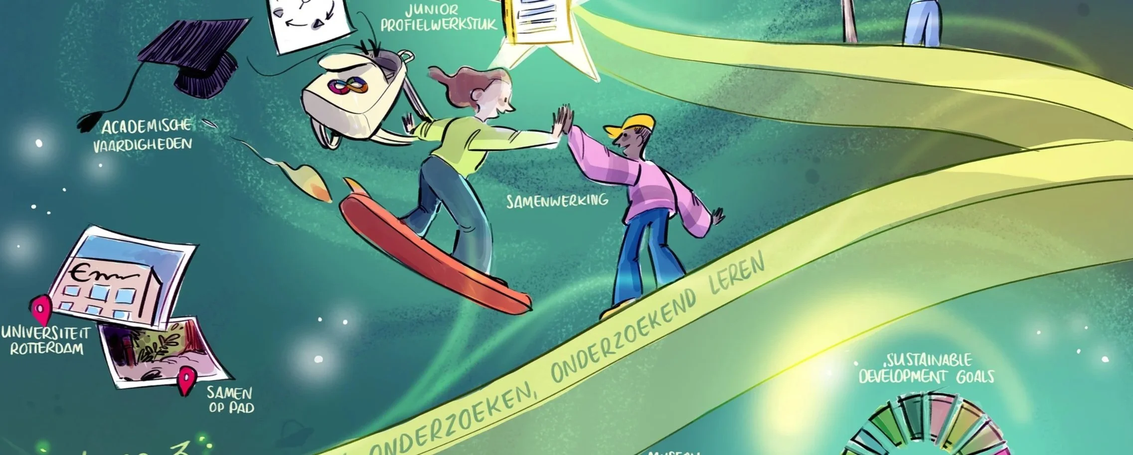 An illustration showing two animated characters high-fiving while skateboarding, surrounded by various icons and text related to education, collaboration, and sustainable development goals, on a colorful, whimsical background.