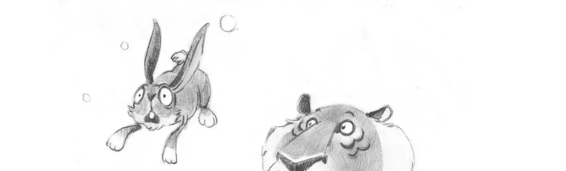 Sketch of a rabbit jumping with an expression of surprise and a lion resting its head on its paw, looking up.