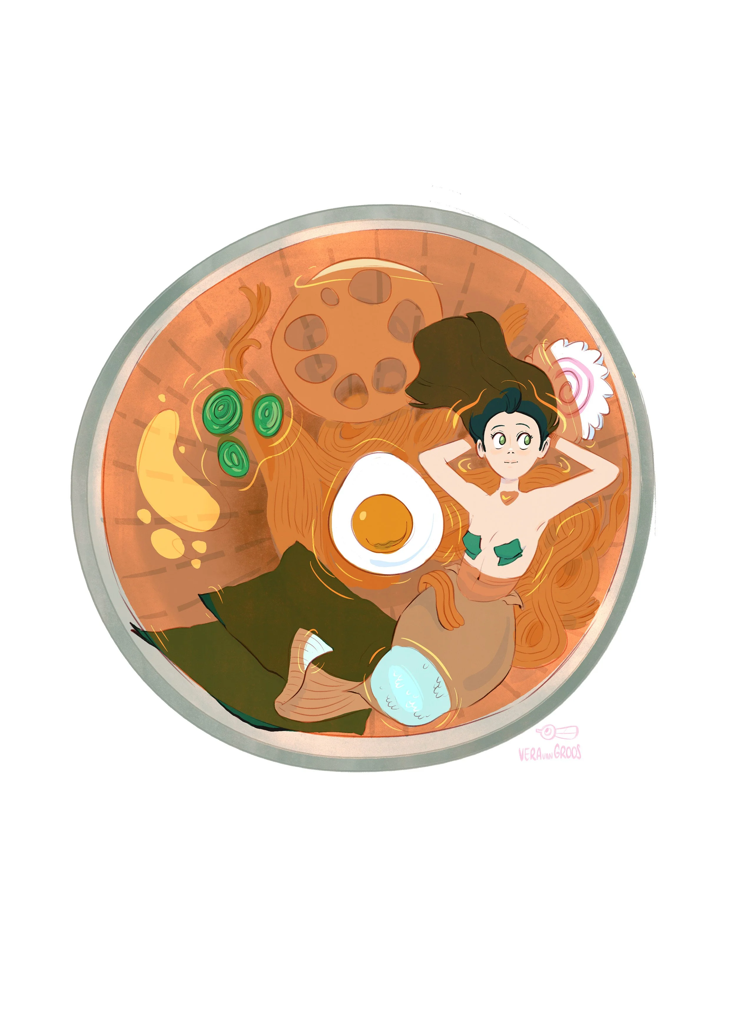 An animated girl with long brown hair, lying in a bowl of ramen, surrounded by noodles, an egg, green onions, seaweed, and a cookie, with various toppings depicted.