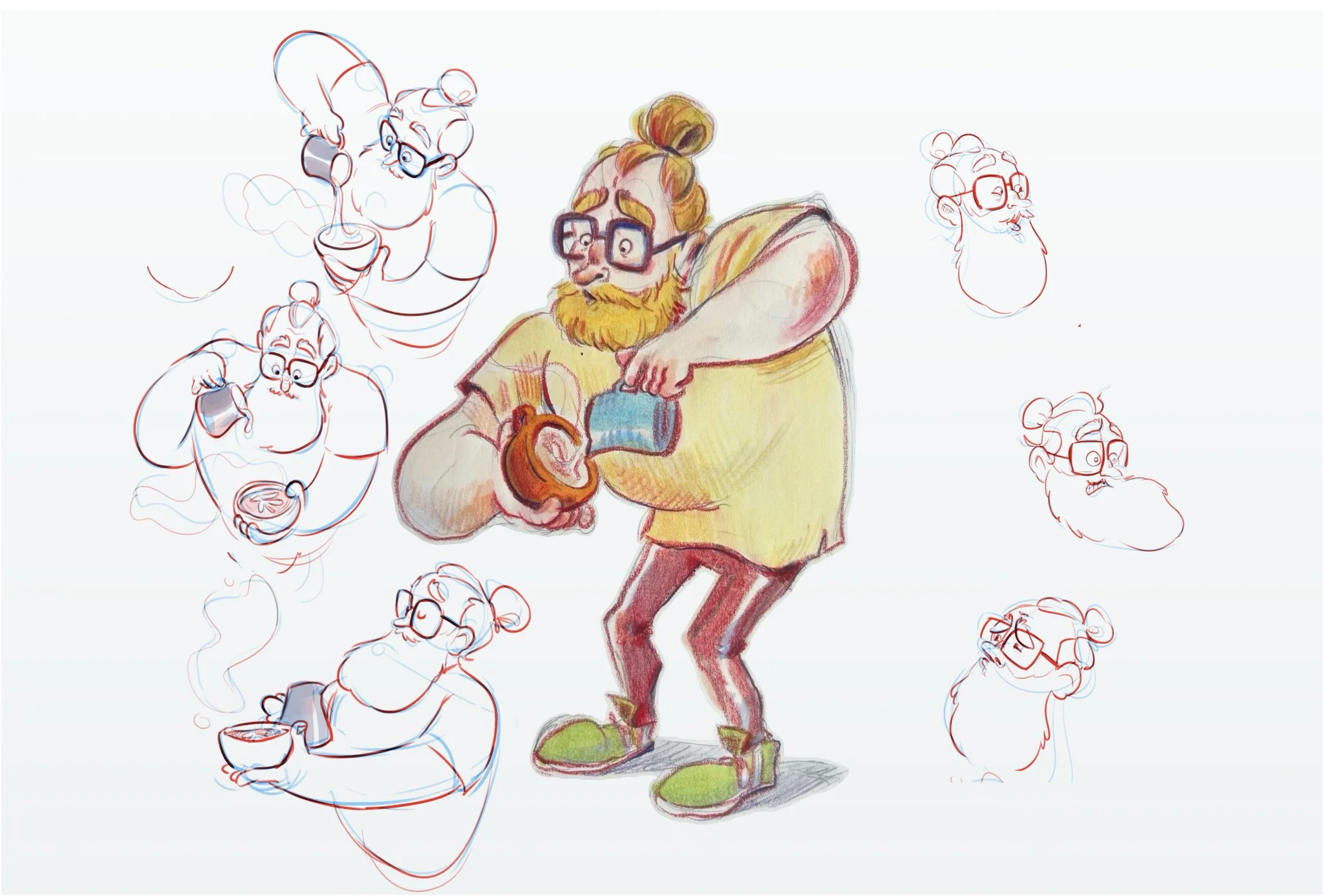Colorful sketch of a bearded man with glasses, wearing yellow and striped pants, holding a mug and a steaming bowl, surrounded by smaller sketches of the same man in different poses and expressions.