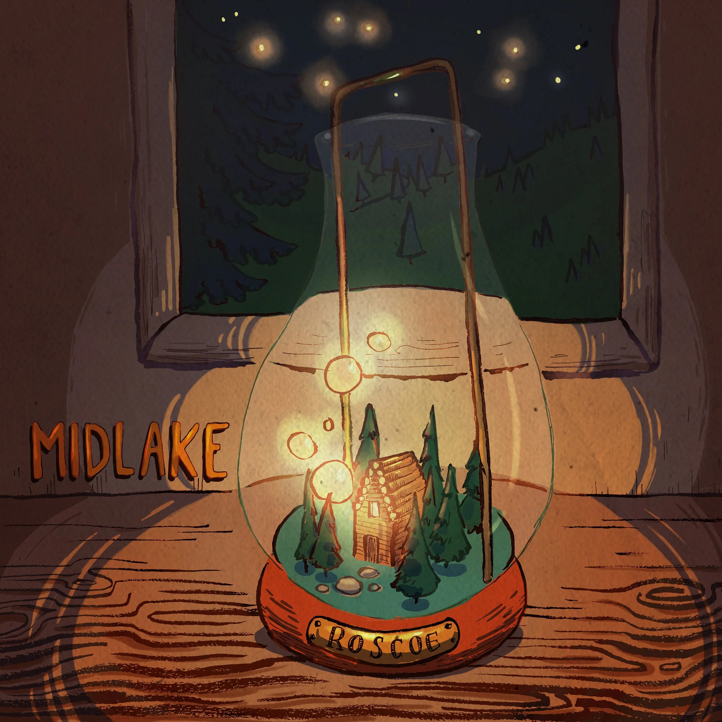 A decorative display featuring a glass dome containing a miniature log cabin surrounded by pine trees, with fairy lights and a glowing background, labeled with the words 'MIDLAKE' and 'ROSCOE'.