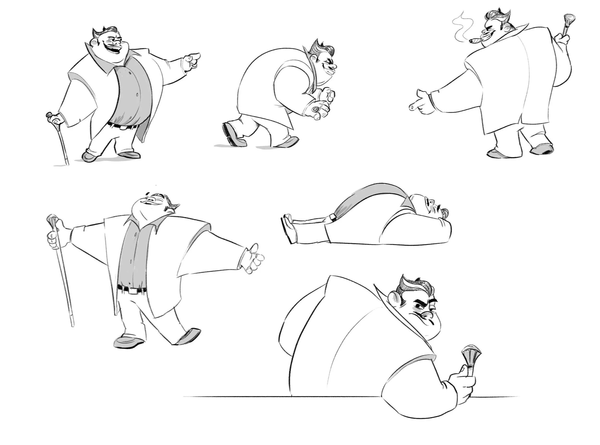 A series of cartoon sketches of a chubby man with a mustache and slicked-back hair. In the first sketch, he is standing and pointing, holding a cane. In the second, he's crouching and smiling. In the third, he's walking with a cane. In the fourth, he