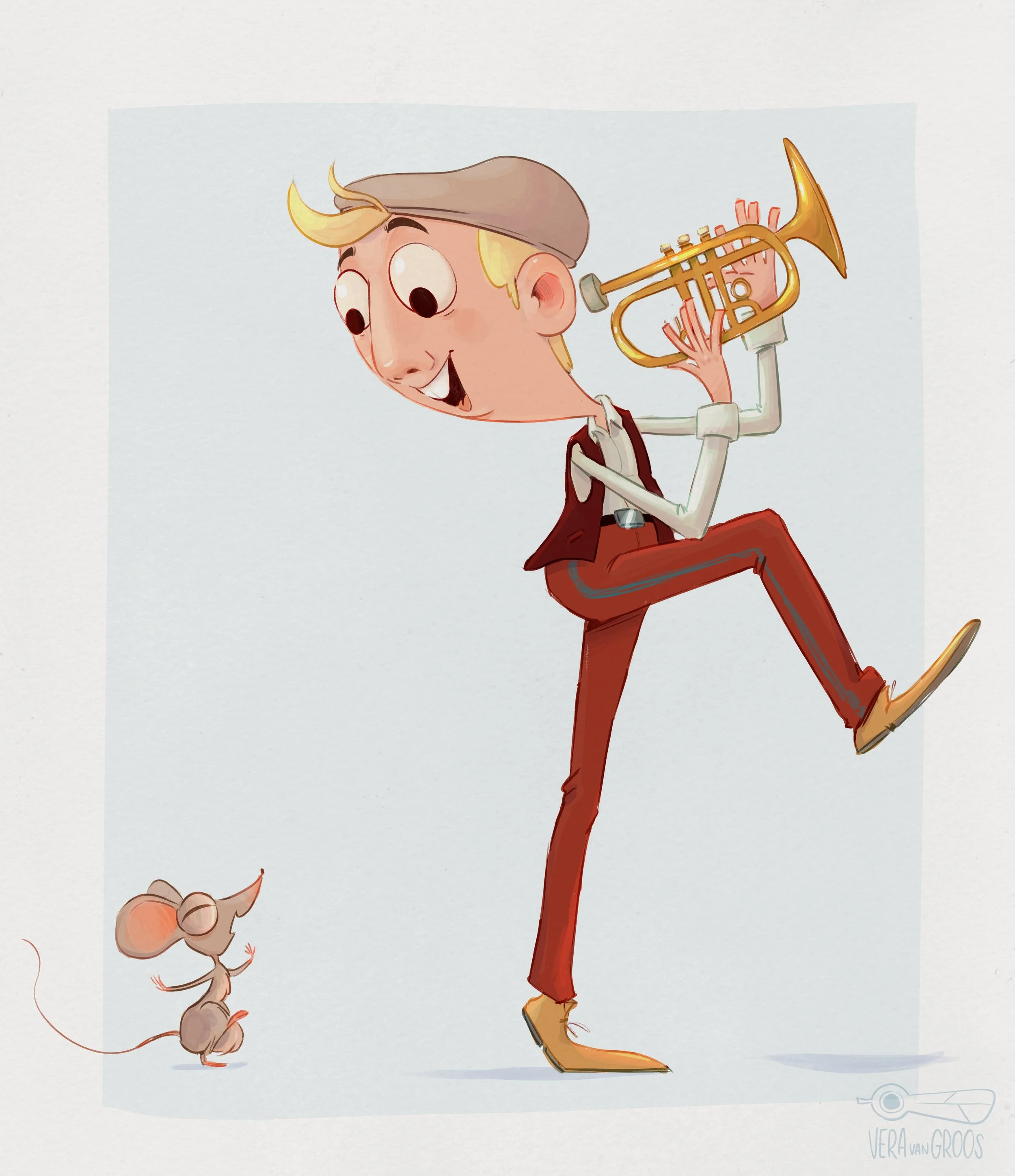 A cartoon boy playing a trumpet, standing on one foot, with a small mouse next to him.