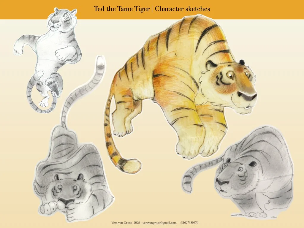 Character sketches of Ted the tame tiger, showing various sketches including front, side, and sitting poses, with a colored illustration of a tiger in the center.