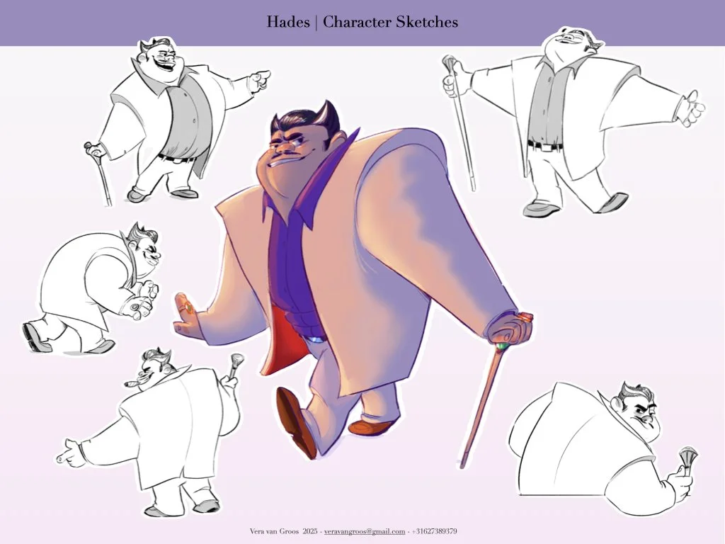 A character sketch sheet featuring multiple poses and expressions of Hades from Disney's Hercules, including a colored front view and several black-and-white sketches of different stances and facial expressions.