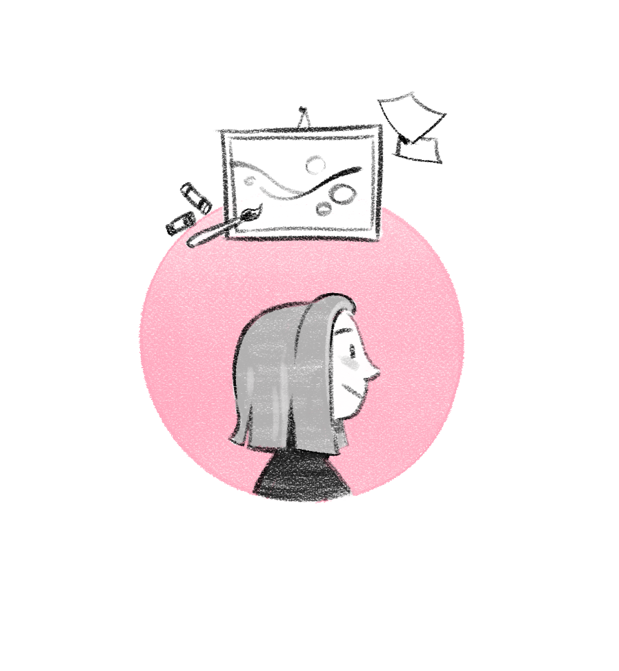 A girl with shoulder-length hair looking at a computer screen with a paintbrush and palette, with papers above the computer.