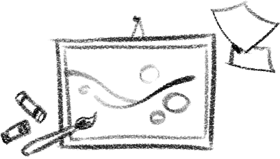 Black and white drawing of a painting set up, including paint containers, a paintbrush, and a canvas with abstract designs.