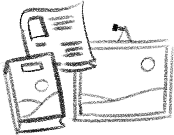 Black and white sketch of a smartphone, a tablet, and a laptop, all displaying similar landscape images with a sun and hills.