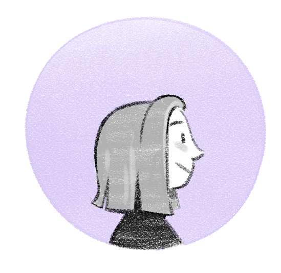 A line drawing of a smiling woman with shoulder-length hair, facing to the right, against a light purple background.