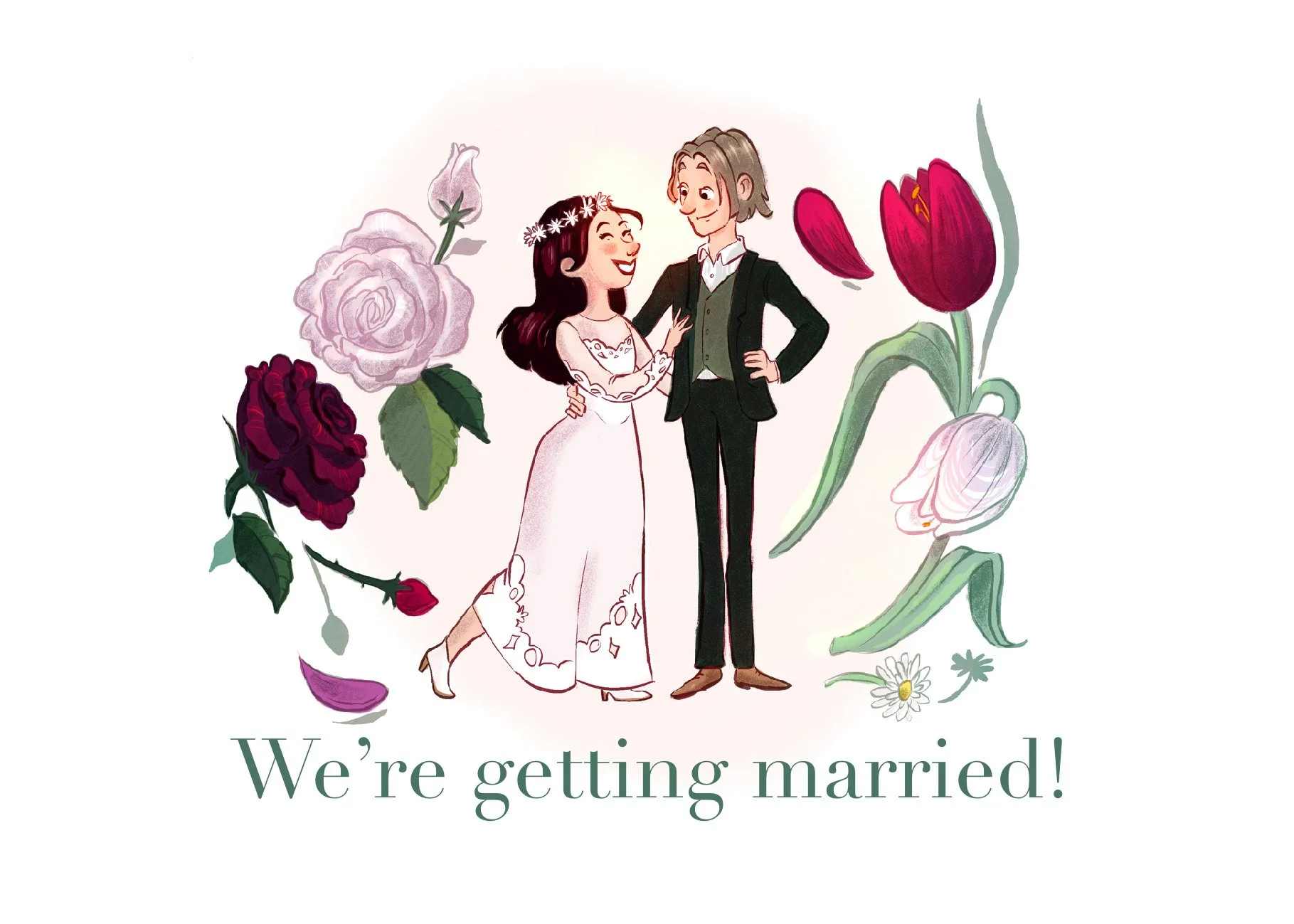 A digital illustration of a bride and groom happily smiling, surrounded by various colorful flowers like roses and tulips, with the text 'We're getting married!'