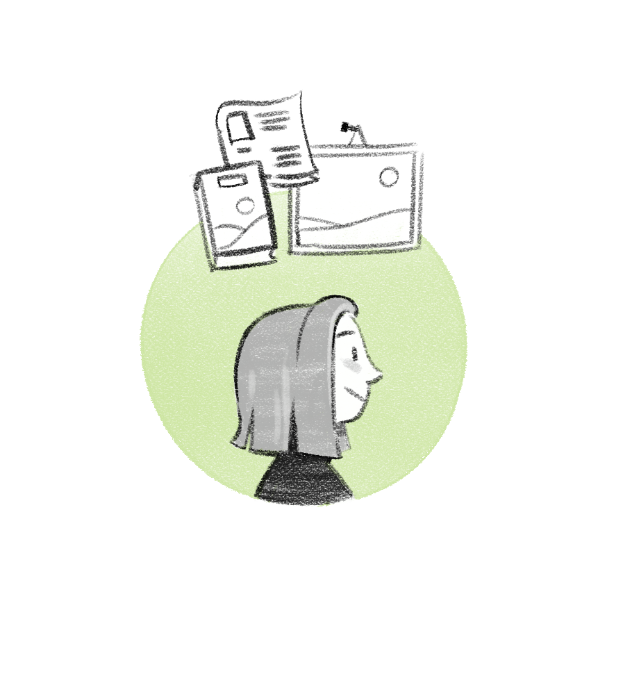 A girl with shoulder-length hair looking at a computer screen with books and papers floating above it.