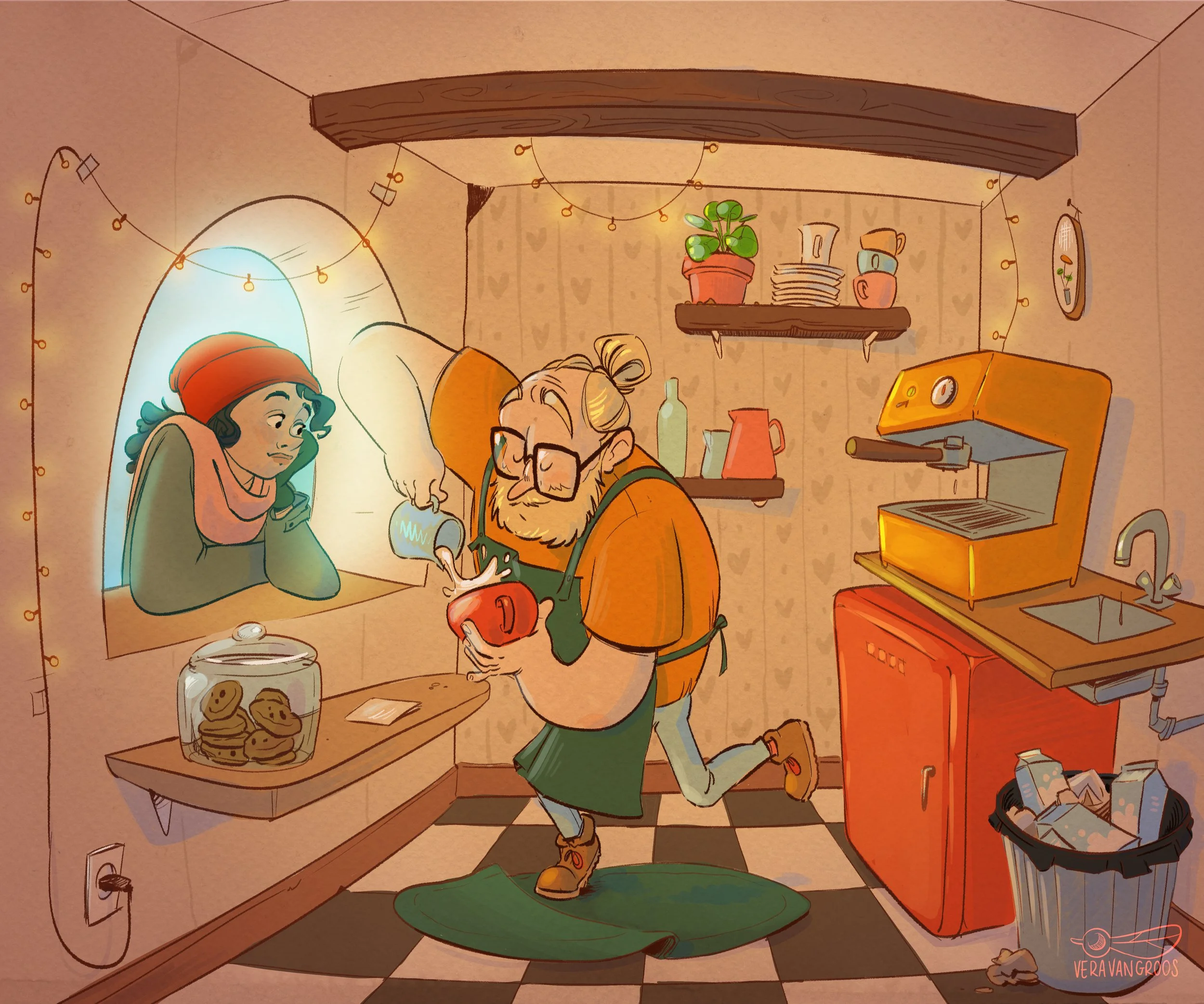 A cartoon scene of a woman with headphones talking to a man pouring coffee into a mug. The man is wearing glasses and an apron, standing on a green rug in a cozy kitchen with checked floor tiles, shelves with dishes, a coffee machine, and a bowl of c