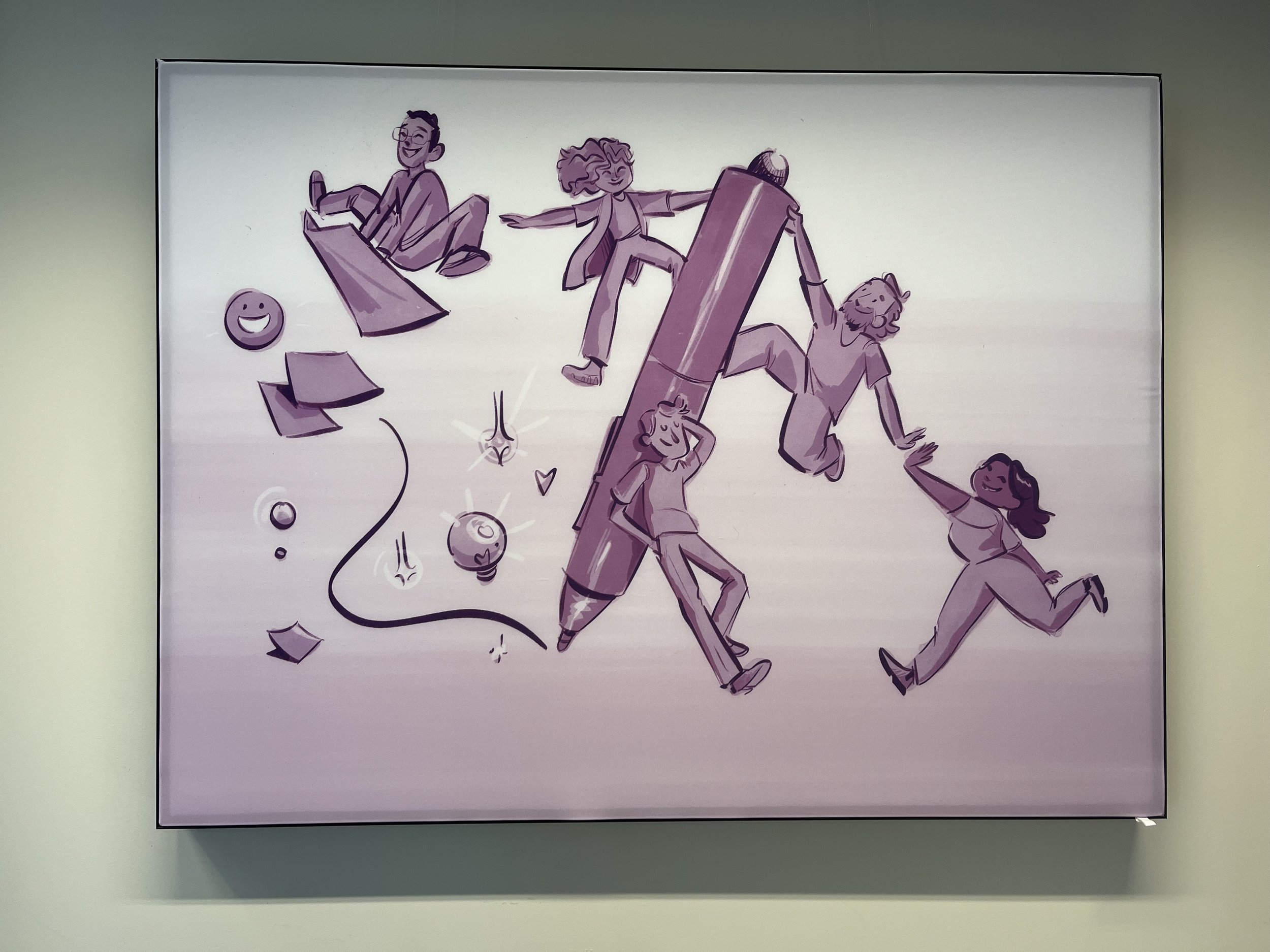 Illustration of five people engaging with a giant pen and various creative elements like a smiley face, light bulb, and papers, depicted in a playful and enthusiastic manner.