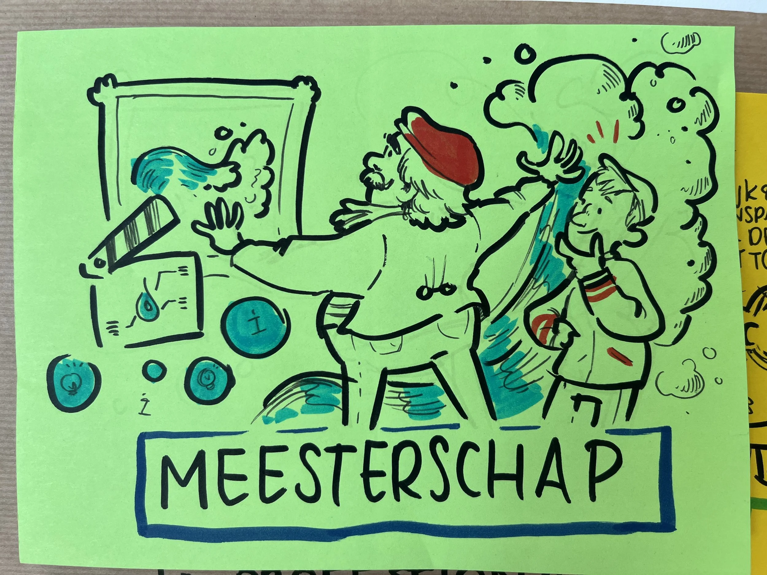 A colorful drawing on green paper shows two people swimming in a pool, with one of them wearing a red swim cap. The person with the swim cap is reaching towards the water, while the other person is smiling and touching their face. There are four floa