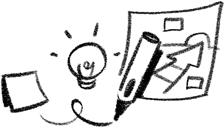 Desk with a closed notebook, a lit light bulb, and an open plan or drawing on a paper.