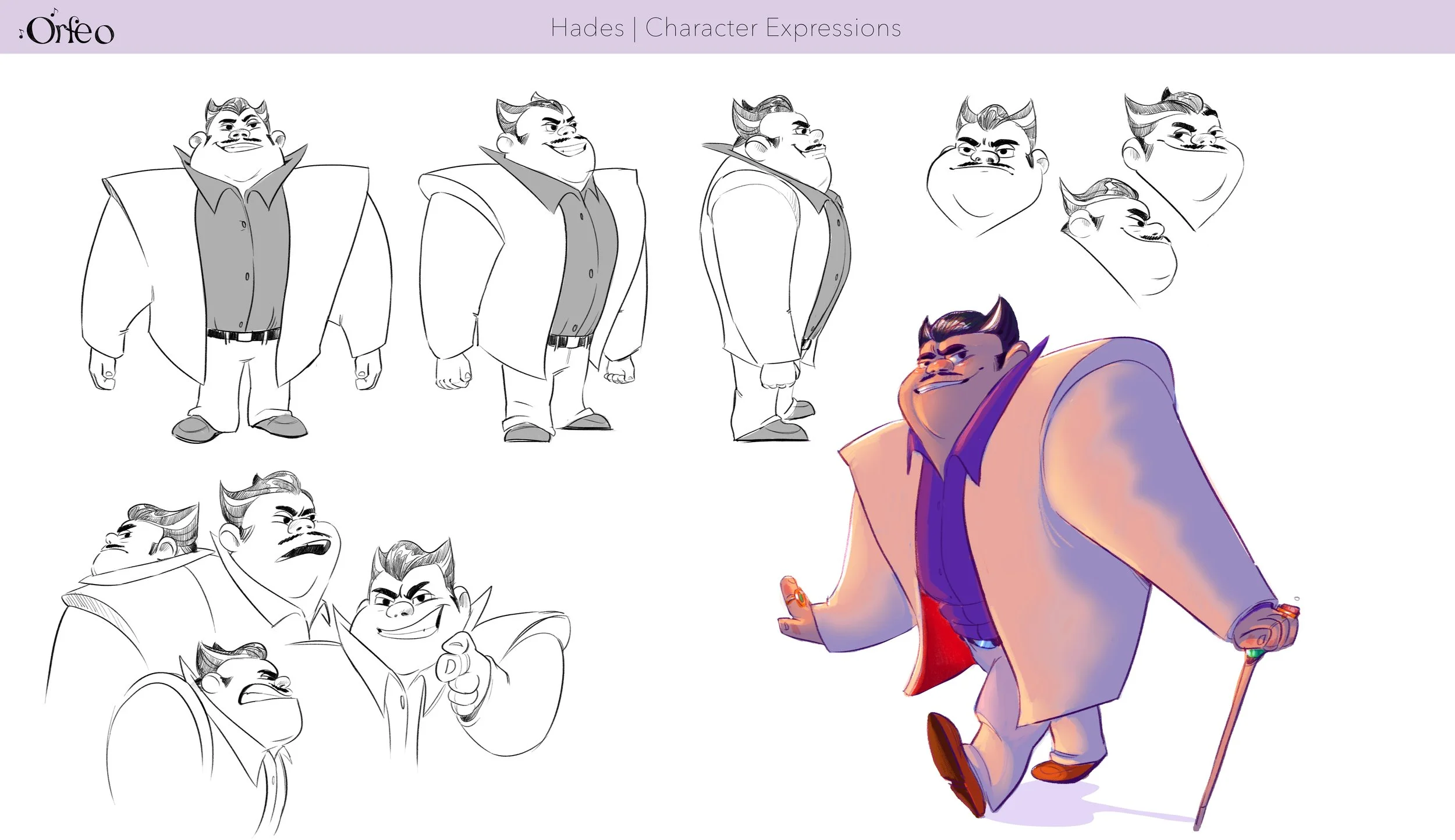 Character designs and expressions of Hades, an original character by Vera van Groos, including sketches, colored illustrations, and different facial expressions.