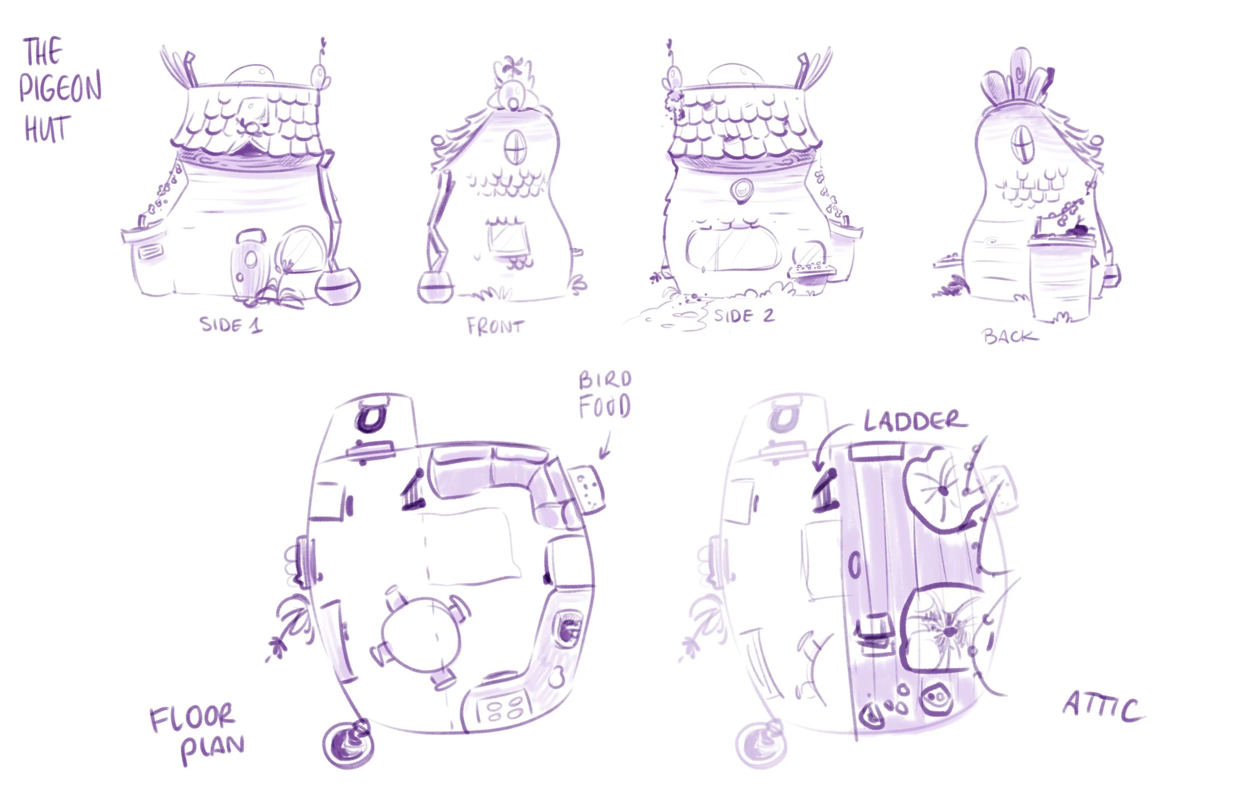 Drawing of a whimsical birdhouse called 'The Pigeon Hut,' shown from different angles: side 1, front, side 2, and back. The birdhouse has a thatched roof, small windows, and a door. The floor plan and attic layout are also sketched, with annotations 