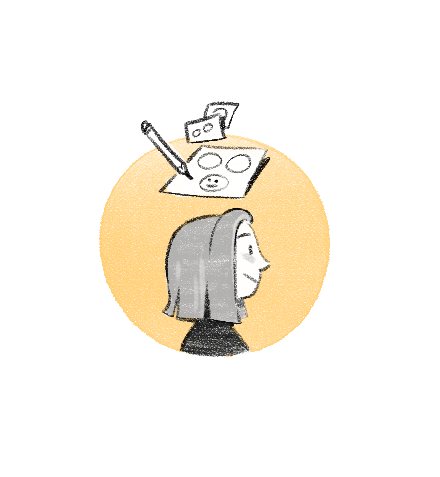 A drawing of a woman with shoulder-length hair, smiling and looking to the right, with a yellow circle indicating thoughts or an idea. Above her head, there is a piece of paper with two circles, a frowning face, and a pen, suggesting planning or thinking.