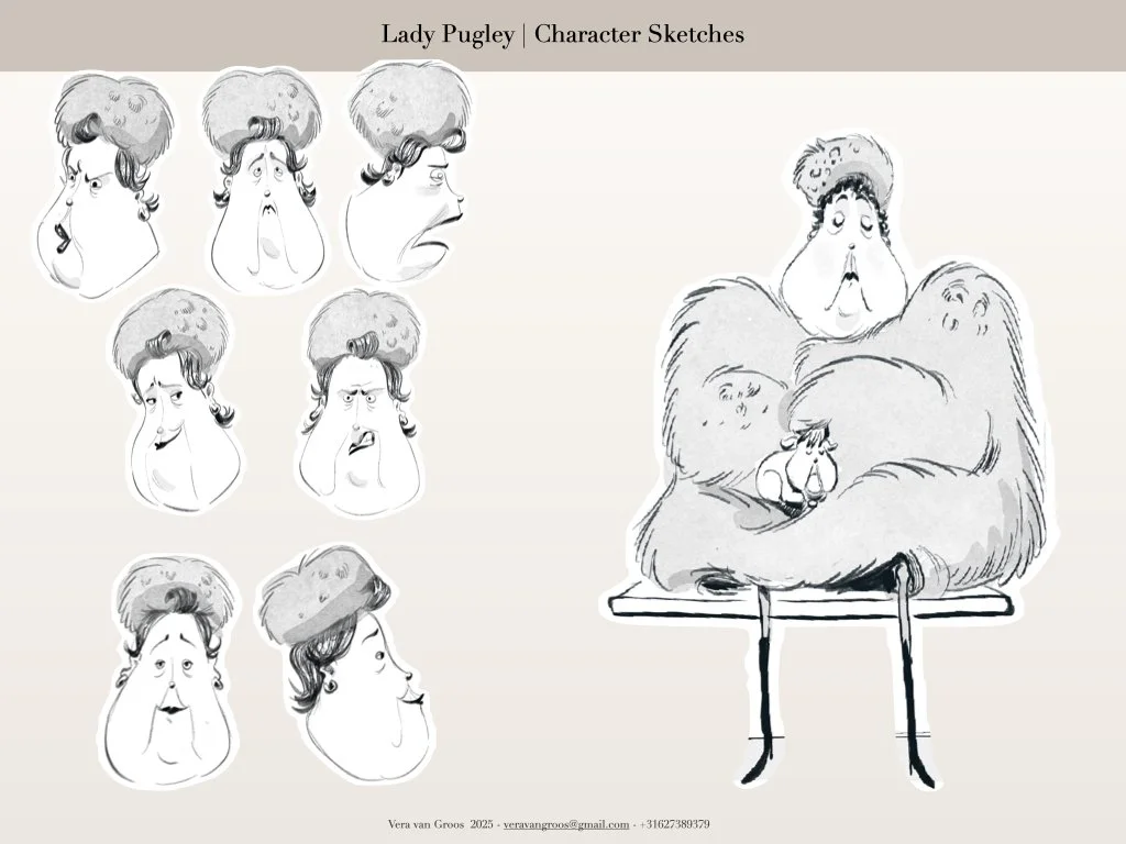 Lady Pugley character sketches showing different facial expressions and a large, fluffy creature with a small person sitting on its lap.