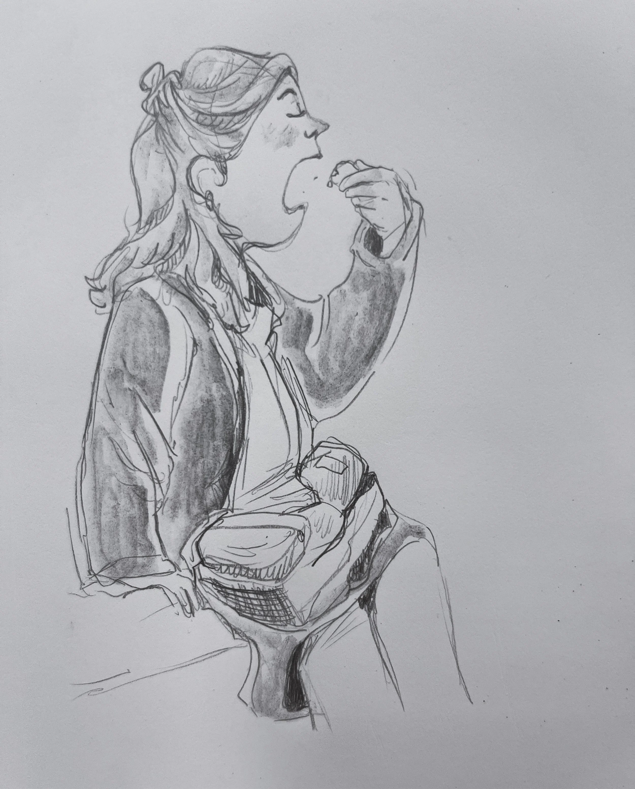 Sketch of a woman sitting while eating a snack, holding a sandwich in one hand and a purse on her lap.