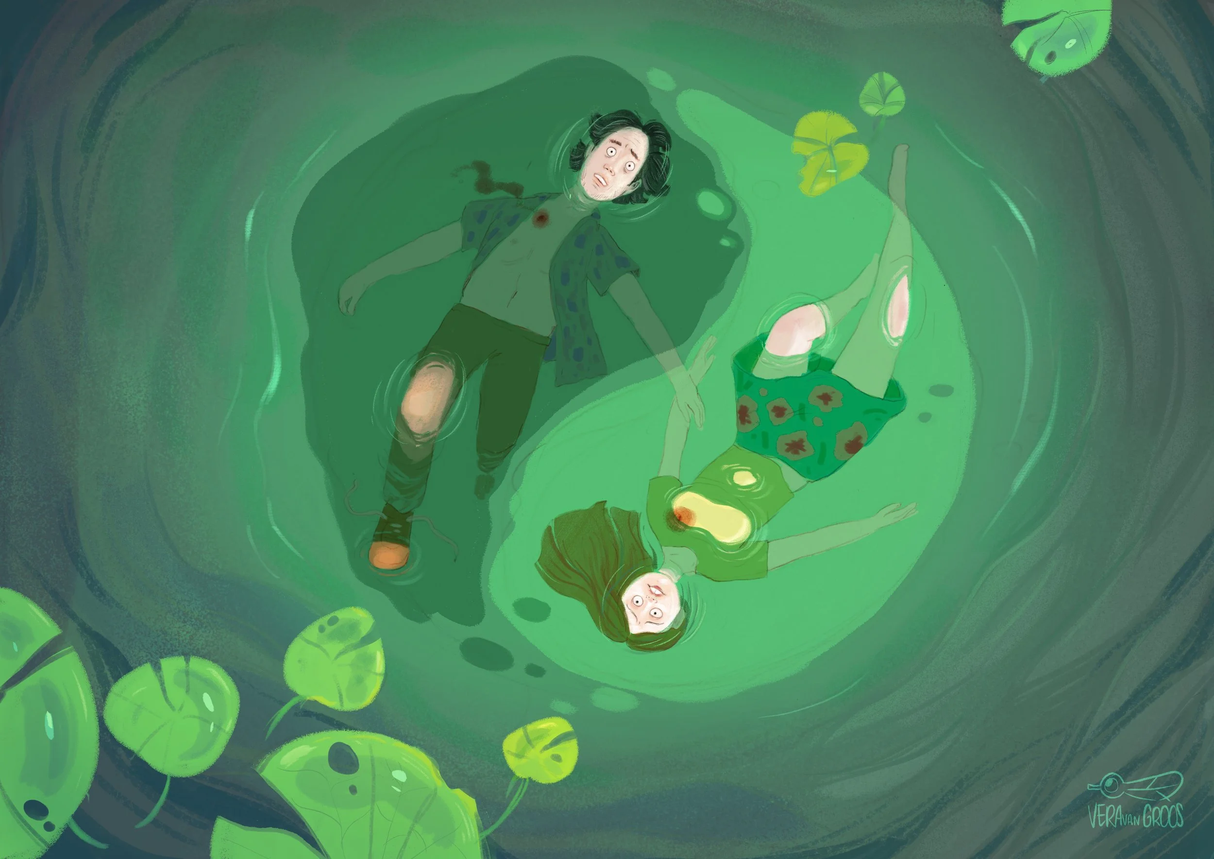 A digital illustration of two people floating in a green pond with lily pads, looking distressed. The woman has long green hair, a green shirt, and a knee injury, while the man has short dark hair and a torn shirt with a gunshot wound.