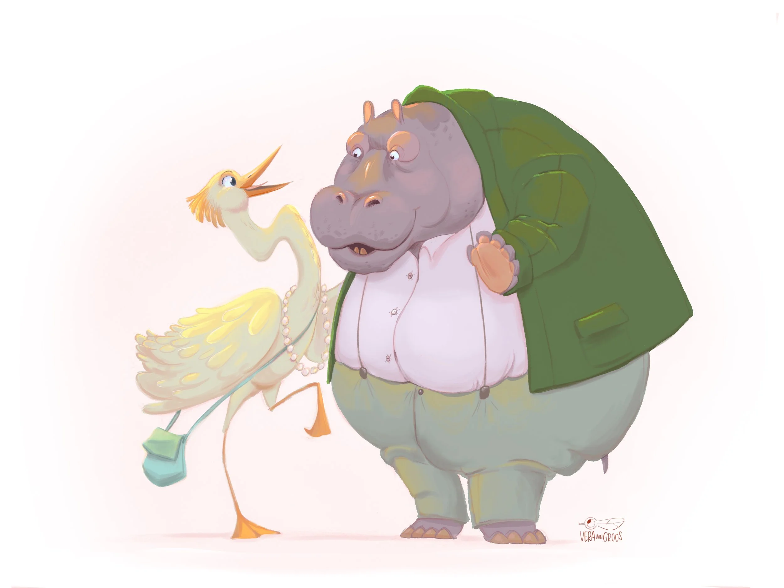 Illustration of a hippo and a heron character engaging in friendly conversation, with the hippo wearing a green jacket and white shirt, and the heron wearing a necklace and carrying a small bag.